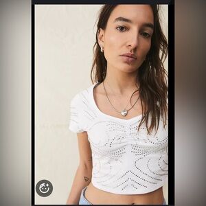 Jaded London white short sleeve crop top with rhinestones